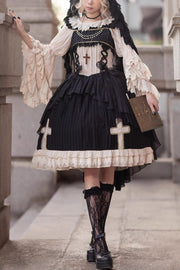 Black Eternal Life Song Print Cross Embroidery Sleeveless Ruffle Gothic Lolita Dress - Black - 1