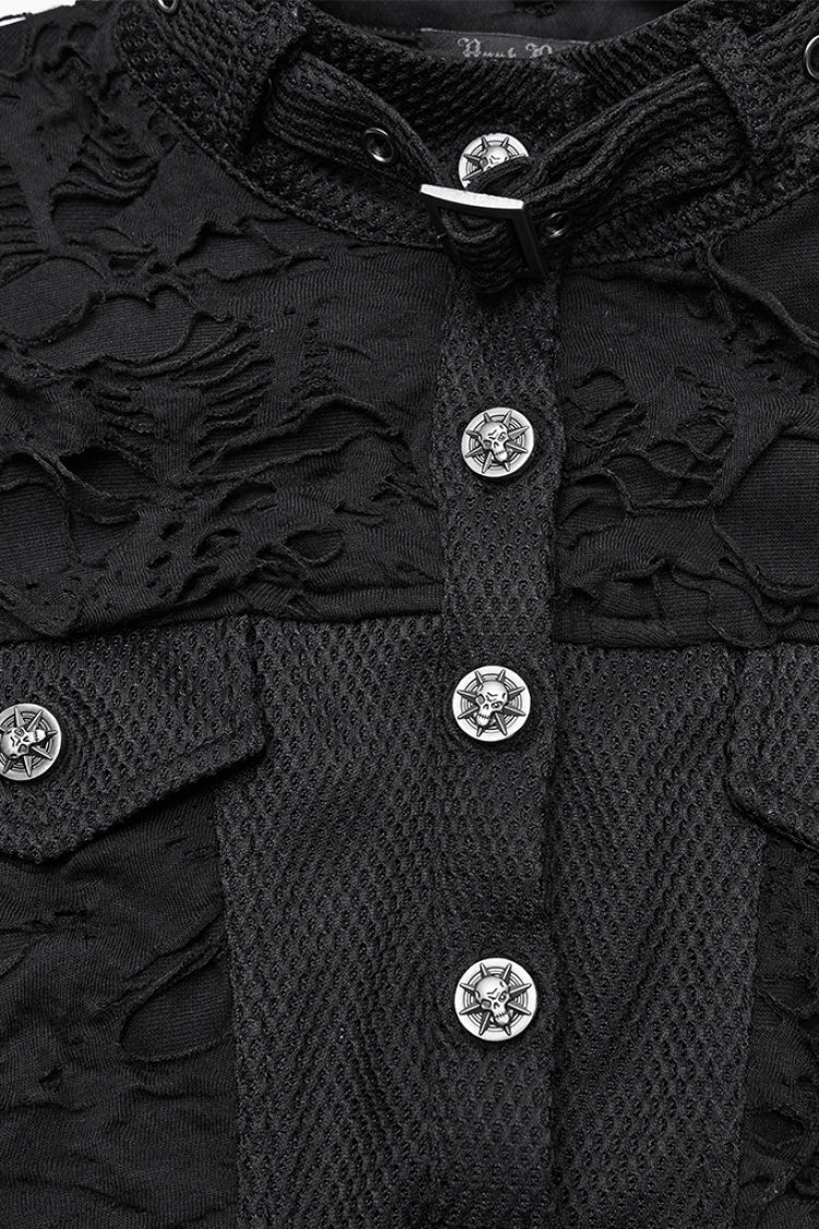 Black Stand Collar Sleeveless Ripped Buckle Women's Punk Short Vest - Product - 6