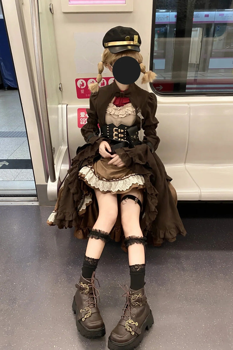 Brown Ruffle Irregular Handsome Punk Lolita Dress Set - Product - 5