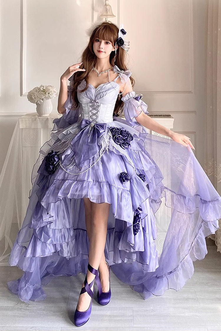 Misty Purple [Swan Wonderland] Embroidery Bowknot Lace-Up Short Front Long Back Irregular Sweet Ballet Lolita Jsk Dress - Purple - 1