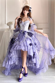 Misty Purple [Swan Wonderland] Embroidery Bowknot Lace-Up Short Front Long Back Irregular Sweet Ballet Lolita Jsk Dress - image 1