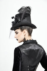 Black Women's Men's Gothic Noir Floral Feather Top Hat with Net Veil - Product - 3