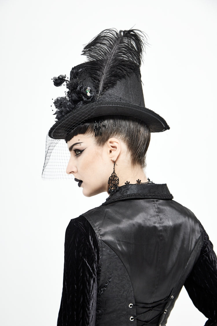 Black Women's Men's Gothic Noir Floral Feather Top Hat with Net Veil - Product - 3