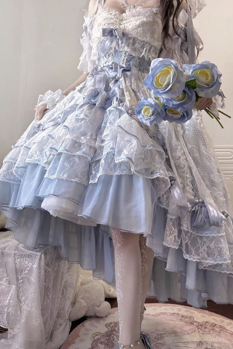 Blue [Diane Rose] Short Sleeves Multi-Layered Jacquard Ruffle Hanayome Cardigan Bowknot Lace Sweet Lolita Dress - Product - 14