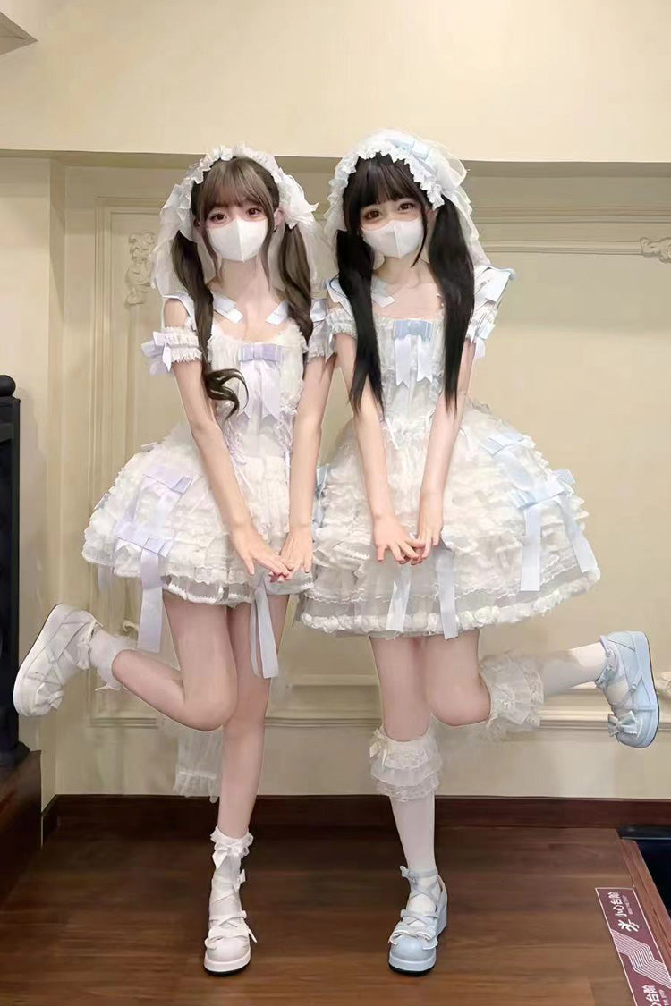 Love Song Multi-Layered Ruffle Hanayome Bowknot Lace Sweet Princess Lolita Jsk Dress 3 Colors - Blue/White - 1