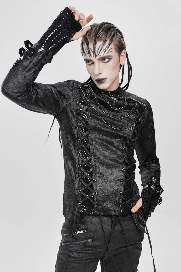 Black Stitching Lace-Up Mesh Chain Men's Punk Blouse - Product - 8