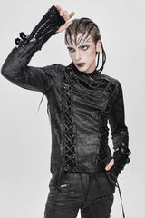 Black Stitching Lace-Up Mesh Chain Men's Punk Blouse - Product - 8