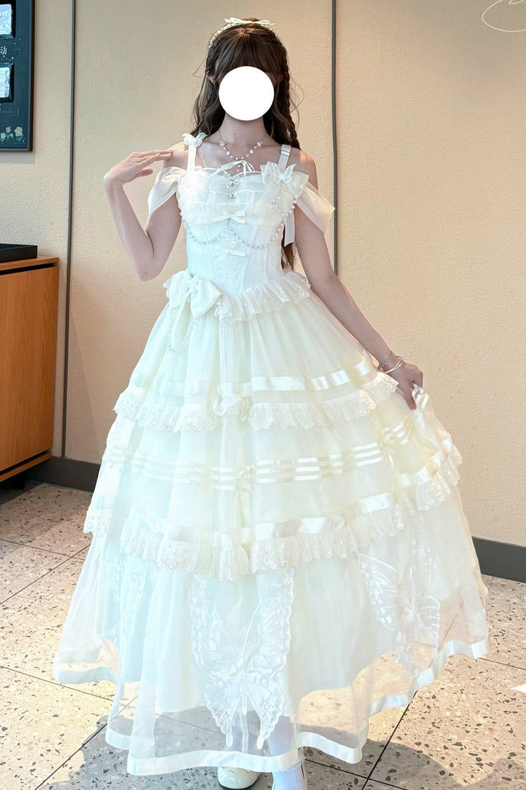 Apricot [Moonlight Poems] Triple-Layered Jacquard Ruffle Bowknot Lace Sweet Elegant Princess Lolita Jsk Dress - Product - 2