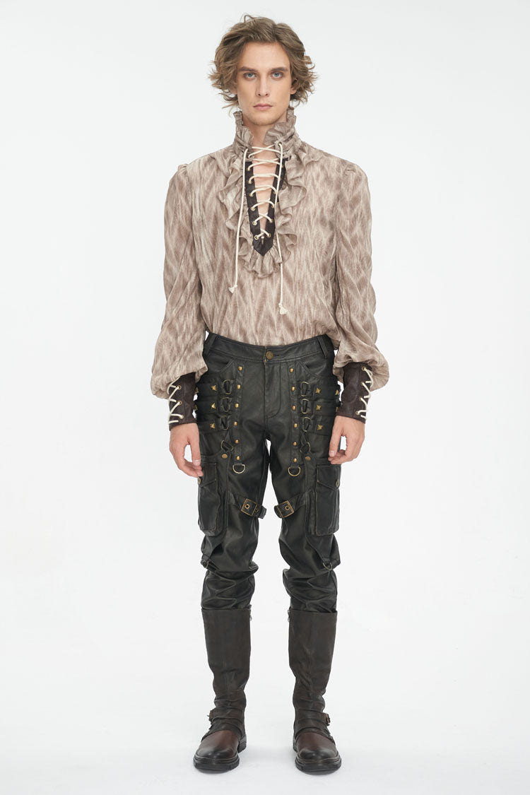 Brown Ruffle Stand Collar Print Lace-Up Men's Gothic Blouse - Product - 2