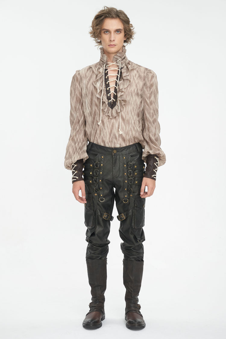 Brown Ruffle Stand Collar Print Lace-Up Men's Gothic Blouse - Product - 2