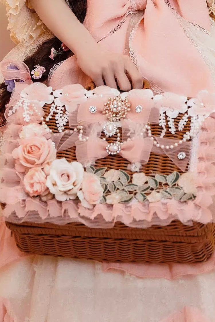 Hand Woven Rattan Flowers Bowknot Sweet Elegant Princess Lolita Tote Bag 2 Colors - Pink - 3