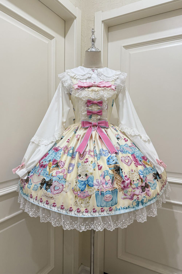 Yellow [Floral Whisper] Bear Print Ruffle Bowknot Lace Sweet Princess Lolita Jsk Dress - Yellow - 1