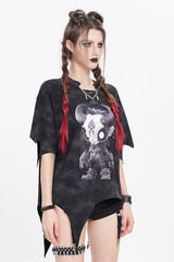 Black Short Sleeves Hitt Print Irregular Women's Punk T-Shirt - Product - 4