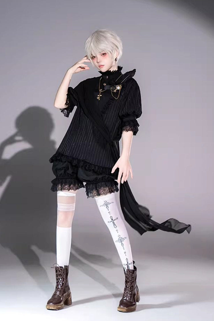 Black Stand Collar Long Short Sleeves Printed Ruffled Lace Gothic Ouji Lolita Set 2 Versions - Product - 14