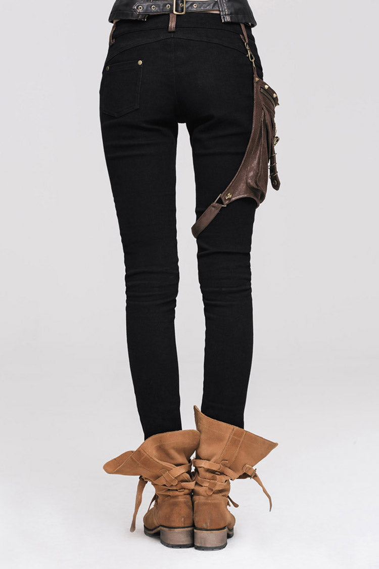 Punk Black Metal Ring Decoration Brown Leg Bag Twill Women's Pants - Product - 7