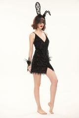 Black Sexy Super V-Neck Velvet Jacquard Lace Lace-Up Women's Gothic Dress - Product - 3