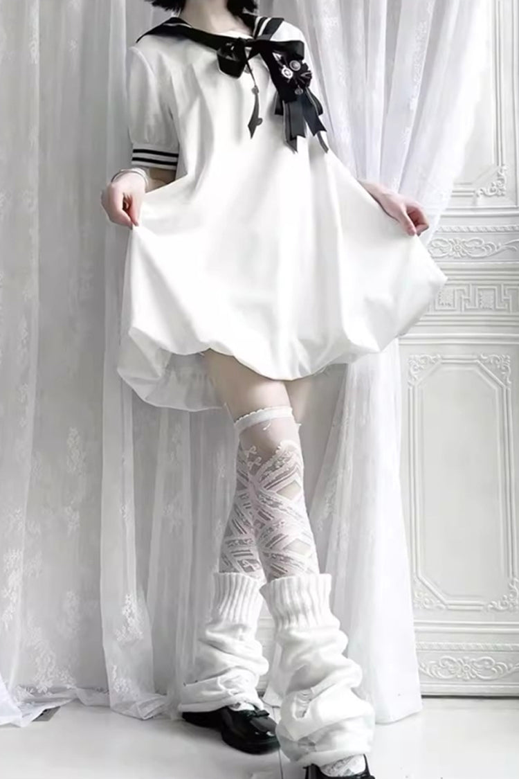 Black/White [Old Stories] Navy Collar Short Sleeves Bowknot Sweet Lolita Dress - Product - 6