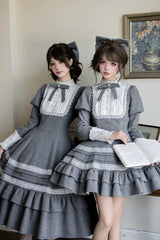 Grey [Letters and Poems · Old Memories] Stand Collar Long Sleeves Double-Layered Ruffled Bow Classic Elegant Lolita Dress 2 Versions - Product - 10