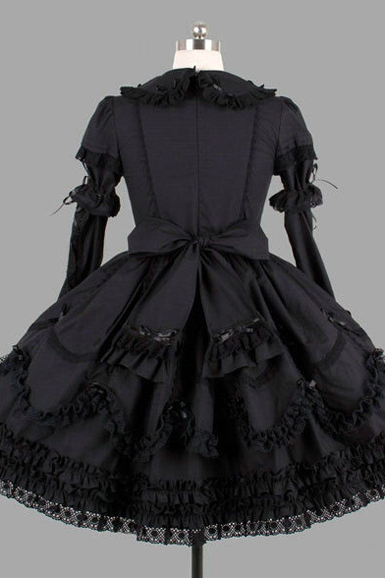 Black Cotton Lapel Collar Long Sleeves Knee Length Bowknot Ruffled Multi-Layer Gothic Lolita Dress - Product - 2