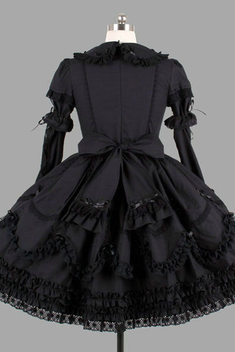 Black Cotton Lapel Collar Long Sleeves Knee Length Bowknot Ruffled Multi-Layer Gothic Lolita Dress - Product - 2