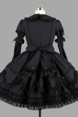 Black Cotton Lapel Collar Long Sleeves Knee Length Bowknot Ruffled Multi-Layer Gothic Lolita Dress - Product - 2