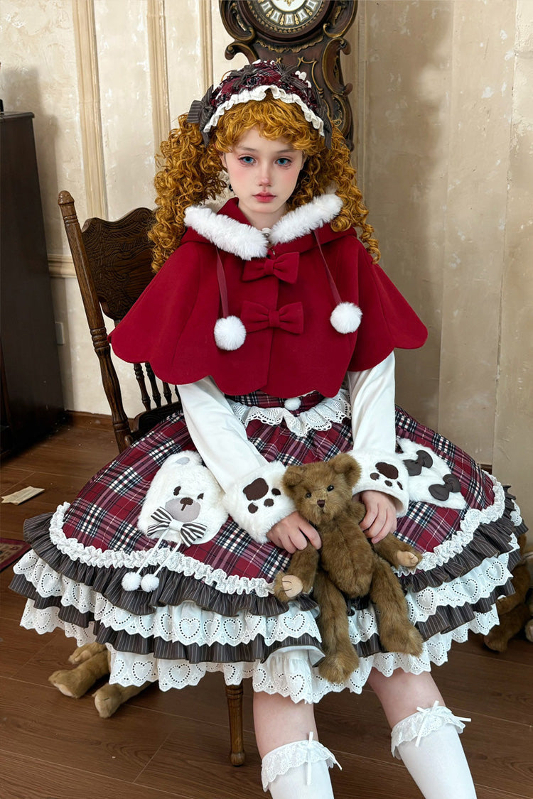 Red Long Sleeves Triple-Layered Printed Ruffled Bow Sweet Lolita Jsk Dress Set - Product - 4