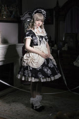 Doll Night Short Sleeves Print Ruffle Embroidery Bowknot Gothic Lolita Dress 2 Colors - Product - 3