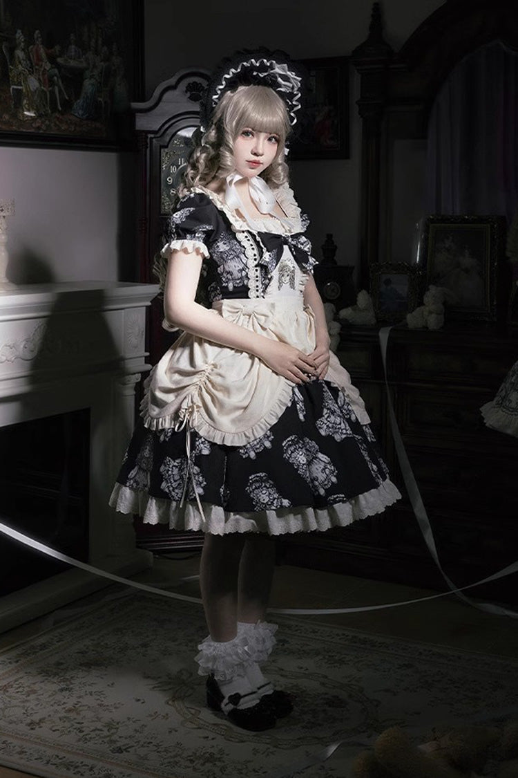 Doll Night Short Sleeves Print Ruffle Embroidery Bowknot Gothic Lolita Dress 2 Colors - Product - 3