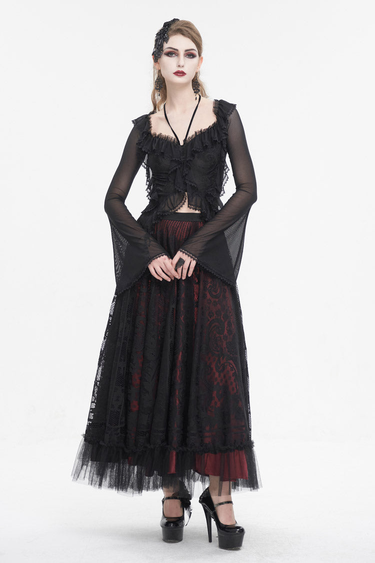 Black Lace Up Ruffled Trumpet Sleeves Mesh Women's Gothic Shirt - Product - 4