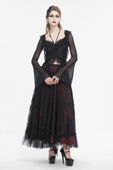 Black Lace Up Ruffled Trumpet Sleeves Mesh Women's Gothic Shirt - Product - 4