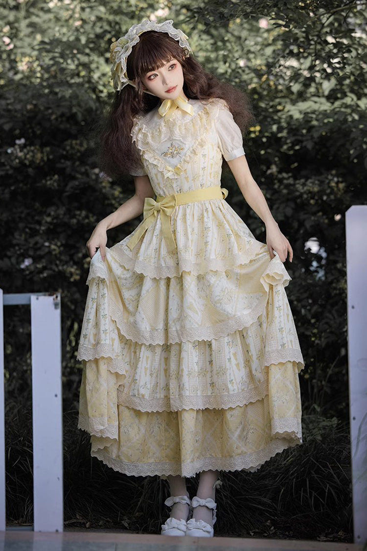 Yellow Multi-layer Sunflower Print Ruffle Embroidery Sweet Chinese Style Lolita Jsk Dress - Product - 6