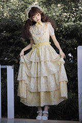 Yellow Multi-layer Sunflower Print Ruffle Embroidery Sweet Chinese Style Lolita Jsk Dress - Product - 6