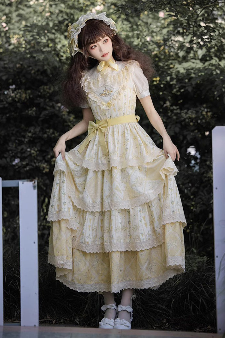 Yellow Multi-layer Sunflower Print Ruffle Embroidery Sweet Chinese Style Lolita Jsk Dress - Product - 6