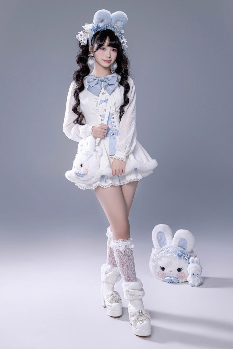 White Long Sleeves Ruffle Bowknot Lace-Up Japanese Jirai Kei Dress Shorts Plush Set - Product - 7