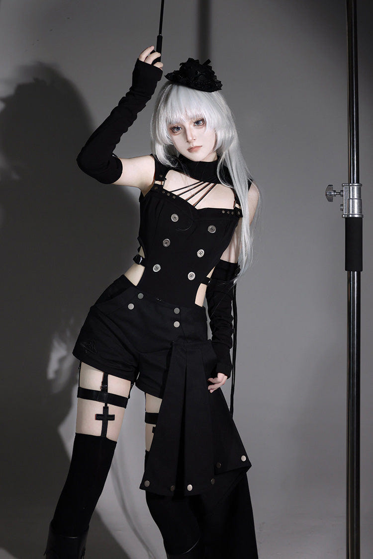ブラック [Masquerade Phantom Thief] Cut-Out ゴシック 王子系ロリータ ショートパンツ セット 商品画像