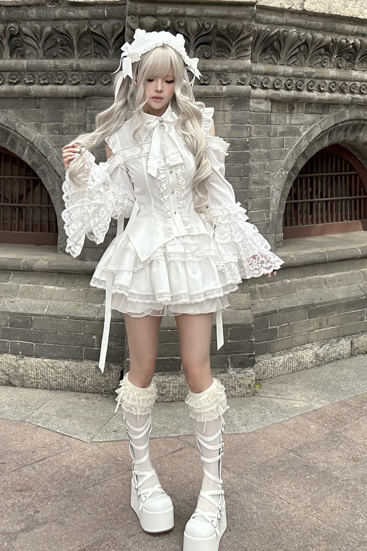 White [Snowy Night Princess] Lapel Collar Long Hime Sleeves Ruffled Bow Lace Gothic Jirai Kei Japanese Skirt Set - Product - 17