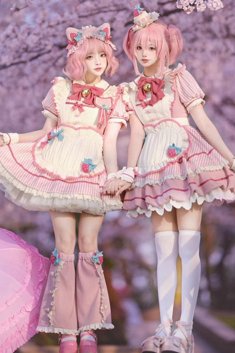 Pink [Berry Bubbles] Stripe Print Ruffle Bowknot Lace Sweet Lolita Dress - Pink - 1