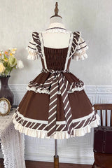Brown Short Sleeves Print Ruffle Bowknot Sweet Princess Lolita Jsk Dress Set - Product - 12