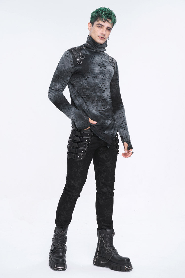 Black Multi Buckle Distressed  Print Men's Punk Pants - Product - 7