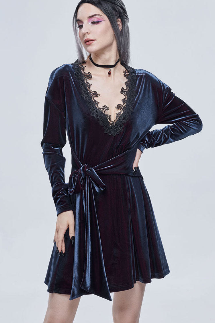 Black/Red Gothic Lace V Neck Bow-Knot Frenulum Velvet Long Sleeve Women's Dress - Product - 3