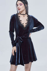 Black/Red Gothic Lace V Neck Bow-Knot Frenulum Velvet Long Sleeve Women's Dress - Product - 3
