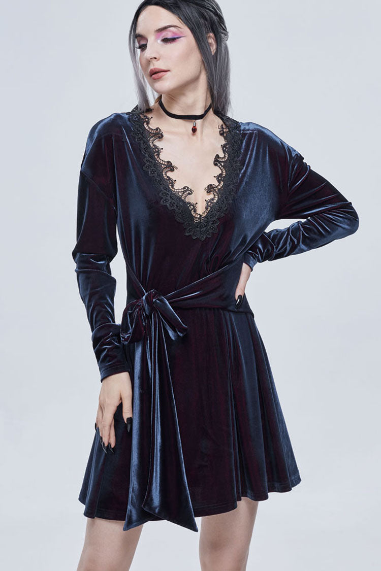 Black/Red Gothic Lace V Neck Bow-Knot Frenulum Velvet Long Sleeve Women's Dress - Product - 3