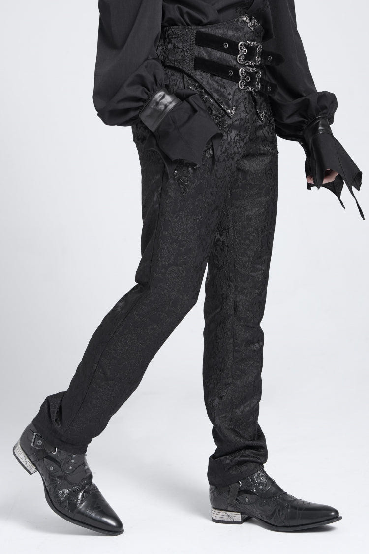 Black Double Buckles High Waisted Embroidery Men's Gothic Suit Pants - Product - 5