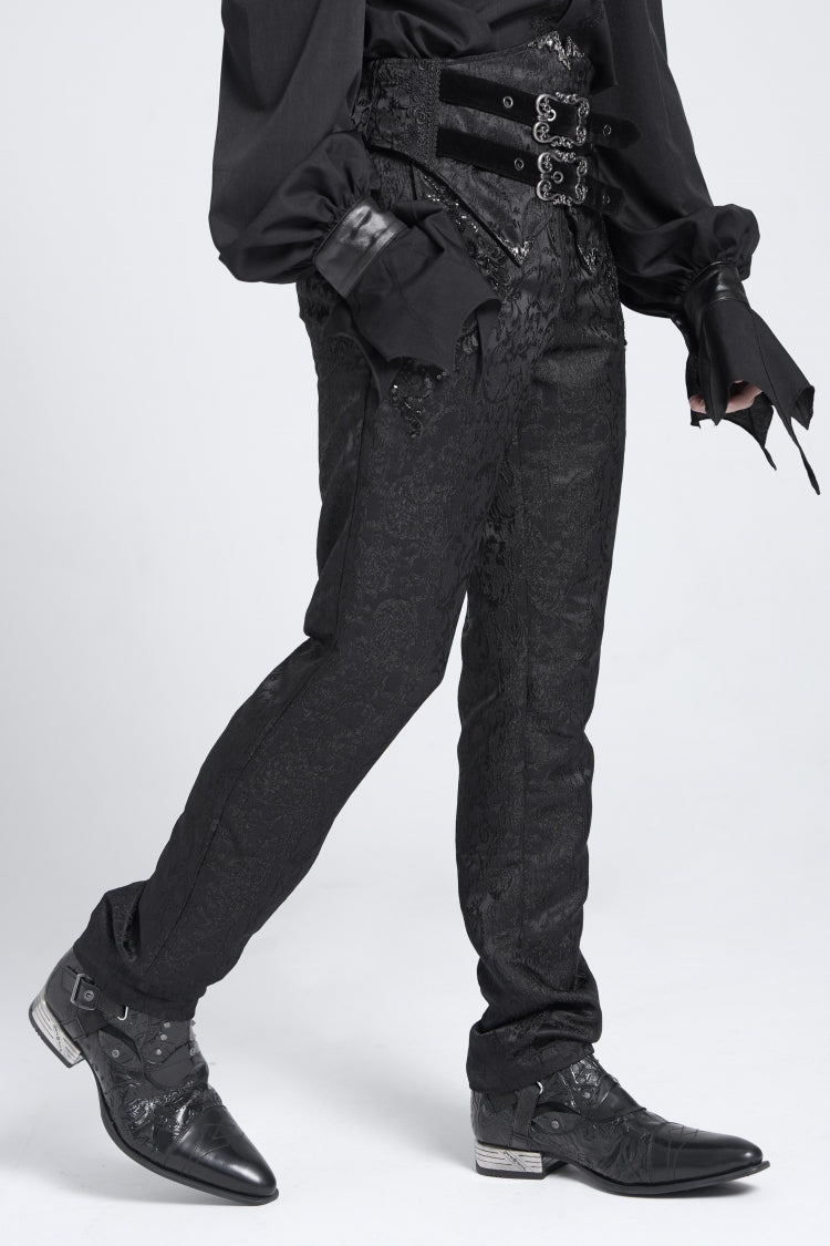Black Double Buckles High Waisted Embroidery Men's Gothic Suit Pants - Product - 5