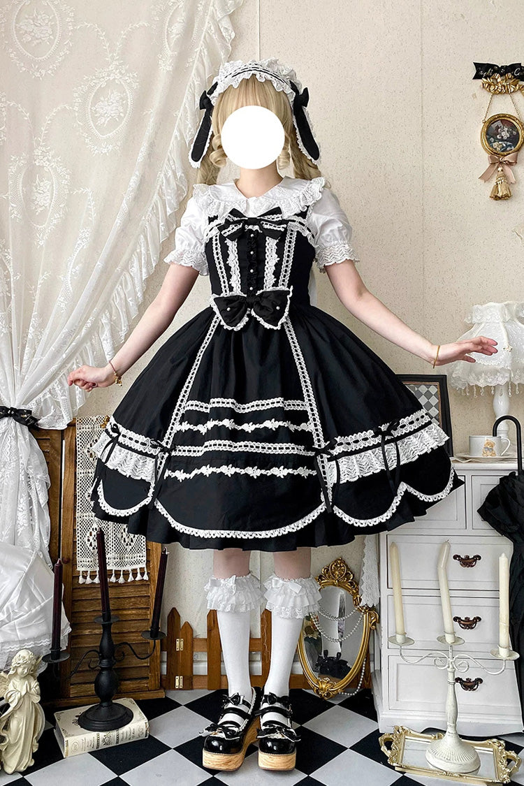 Black [Petal Bunny] Cotton Sleeveless Ruffled Bow Lace Sweet Elegant Lolita Jsk Dress - Product - 2