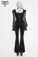 Black Front Chest Decals Lantern Sleeve Lace Cuff Back Lace-Up Knitted Velvet Women's Gothic T-Shirt - Product - 7