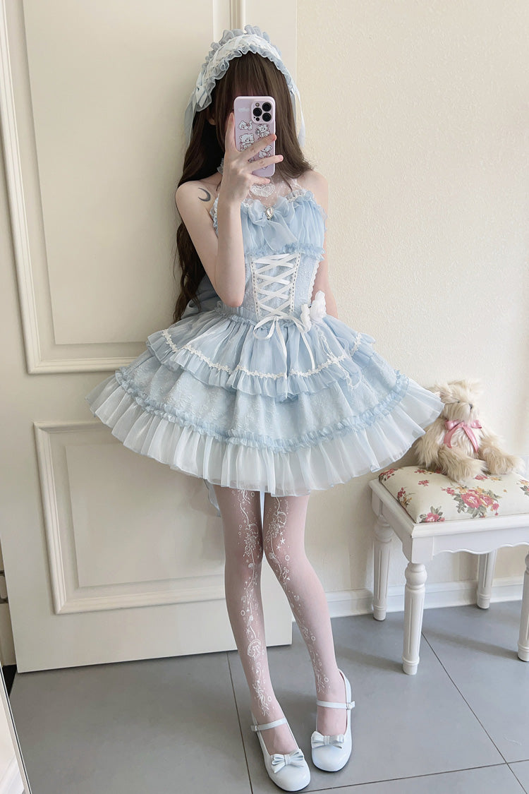Light Blue Halterneck Triple-Layered Bowknot Lace Sweet Lolita Jsk Dress - Product - 5