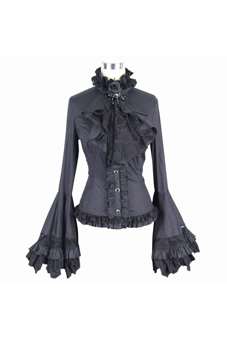 Black Vintage Ruffled With Trumpet Sleeves Women's Punk Blouses - Product - 4