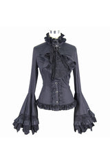 Black Vintage Ruffled With Trumpet Sleeves Women's Punk Blouses - Product - 4