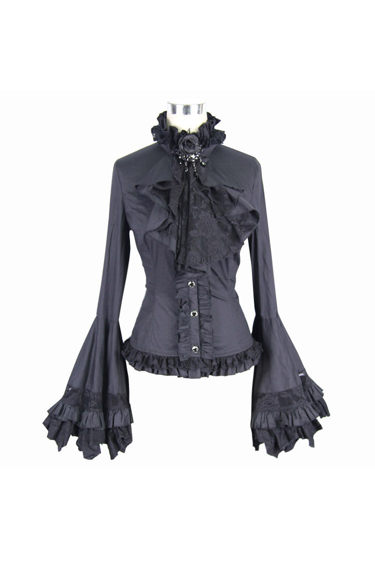 Black Vintage Ruffled With Trumpet Sleeves Women's Punk Blouses - Product - 4